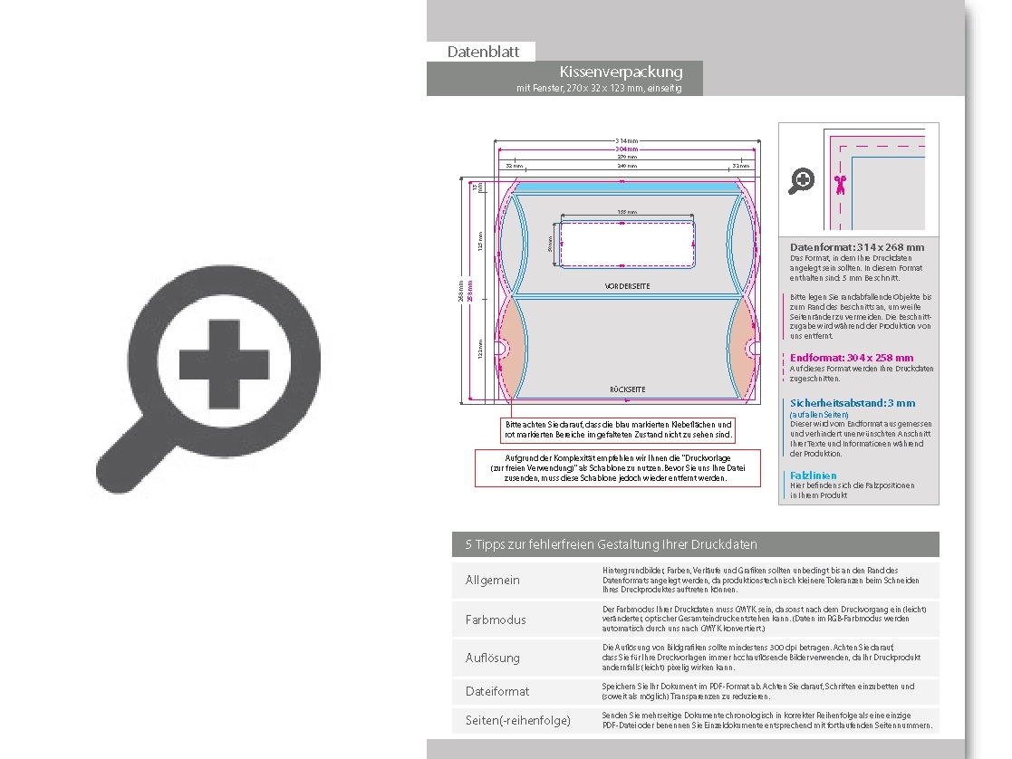 Product Bild kissenverpackung_(27_cm_x_3_2_cm_x_12_3_cm)_einseitig_bedruckt_5_0-farbig_(cmyk_+_sonderfarbe)_mit_gestanztem_fenster